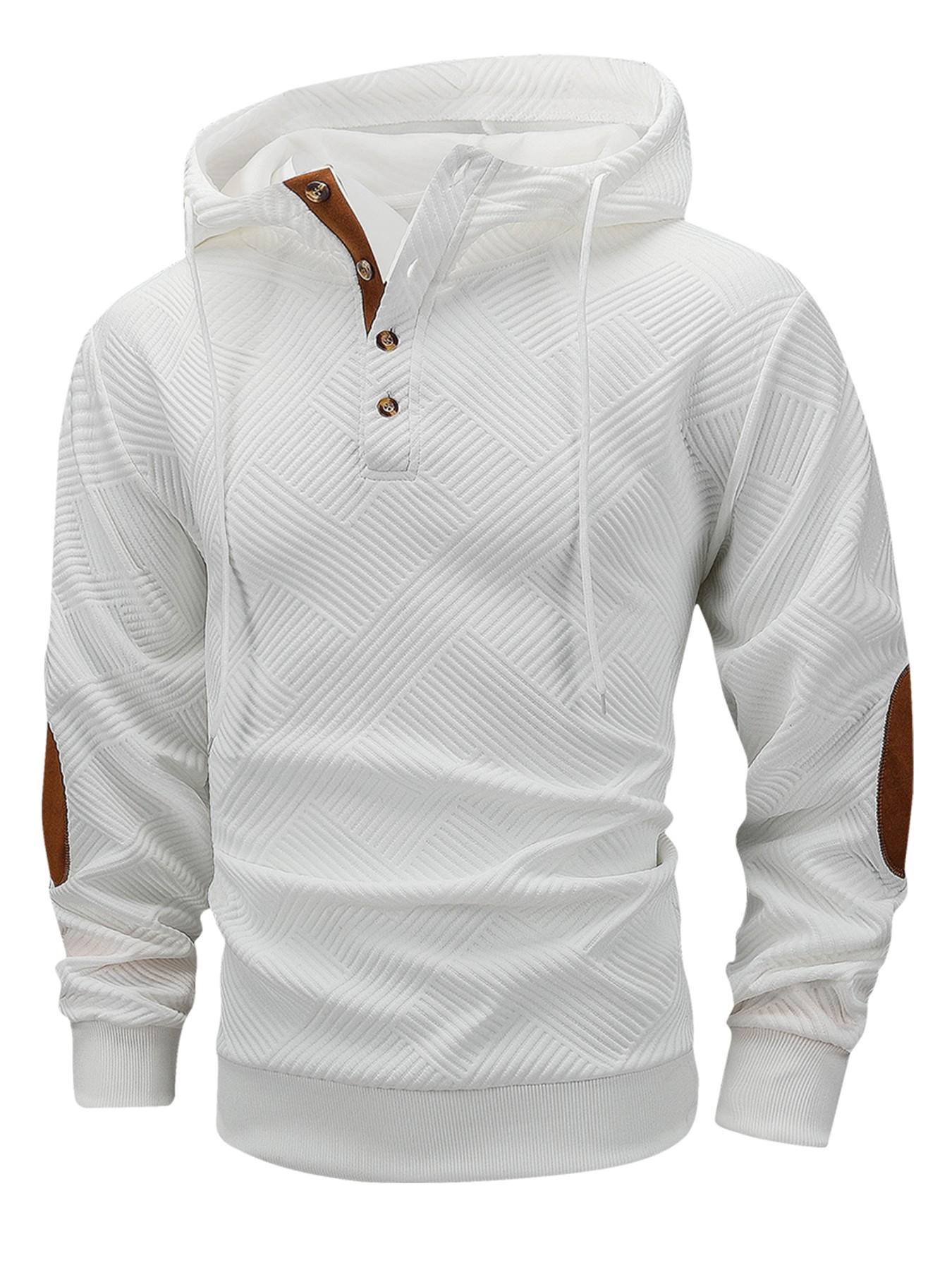 Men's Geometric Textured Hoodie Sweatshirt, Contrast Leather Patch, Loose-Fit Pullover for Fall Winter, Casual Business Top