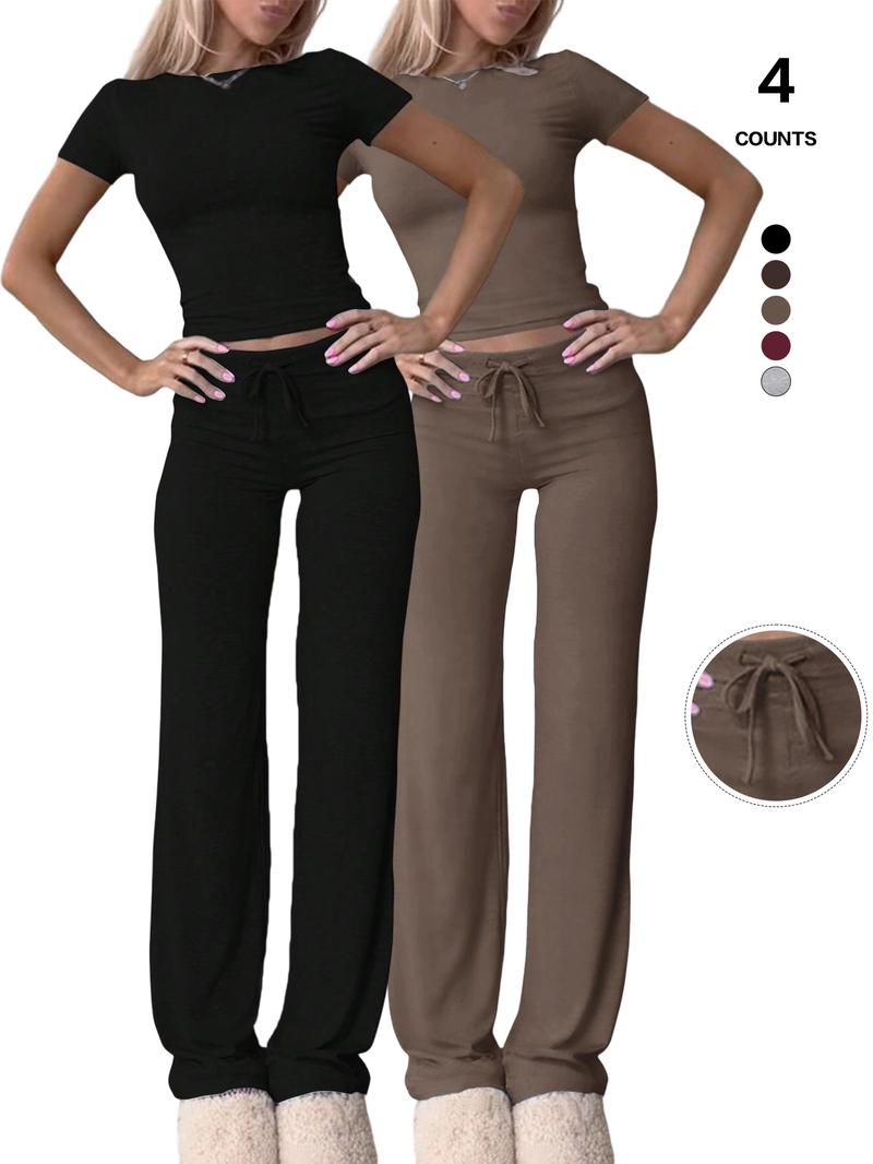 Women's Slim Fit Cropped T-Shirt & High-Waisted Flared Pants Sportswear Set, Casual All-Season, Perfect for Daily Wear