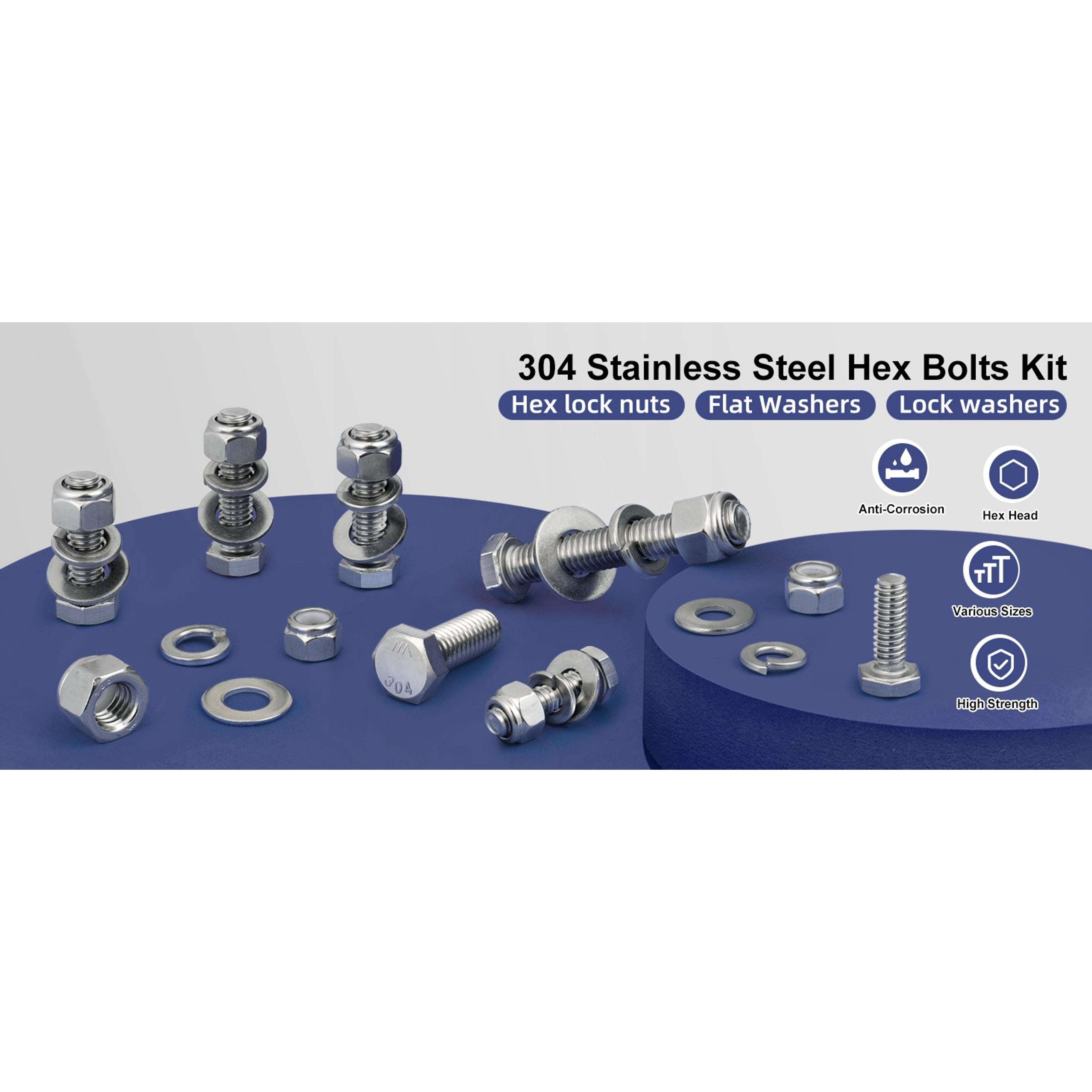 (18 Sets) 1/4-20 x 1-1/4" Hex Head Screw Bolt,Lock Nuts,Flat & Lock Washers Kits,304 Stainless Steel 18-8,Fully Threaded