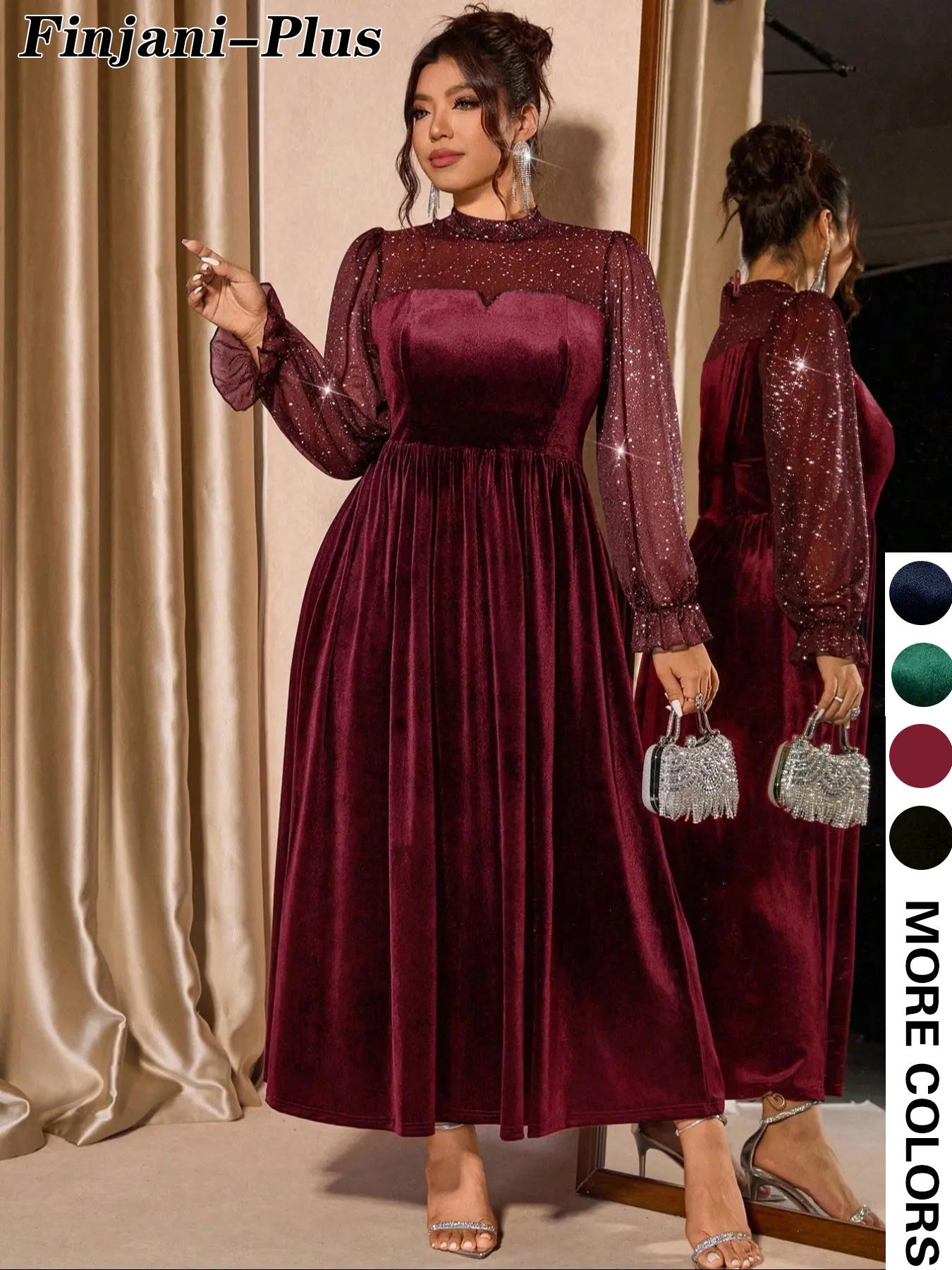 Plus Size Women's Mesh Velvet Elegant Bubble Sleeve Dress, Waist Cinched, Perfect for Parties and Gatherings, Fall & Winter Fashion