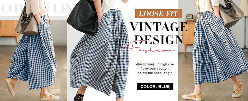 Chouyatou Women's Cotton Linen Pants Elastic Waist Plaid Gingham Wide Leg Capri Palazzo Pants