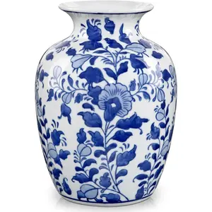 Blue and White Ceramic Vase, 8.4" Tall Chinoiserie Flower Vase Decor with Wide Mouth, Decorative Porcelain Vases for Centerpieces, Table, Shelf & Home Decor, Weddings & Timeless Gifting