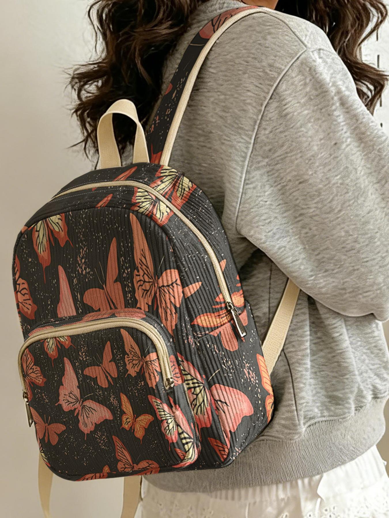 1 piece of 2D printed lady's backpack with butterfly print pattern, chenille texture + layered storage + lightweight and easy to carry|Perfect for students to go to class/shopping/short trips|Combines atmosphere with practicality