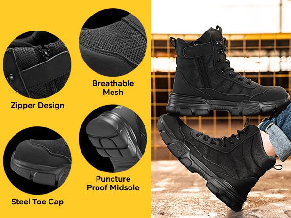 SPIEZ Steel Toe Boots for Men Industrial Construction Safety Boots with Side Zipper Puncture-Proof,Lightweight Work Boots Hiking Military Tactical Shoes