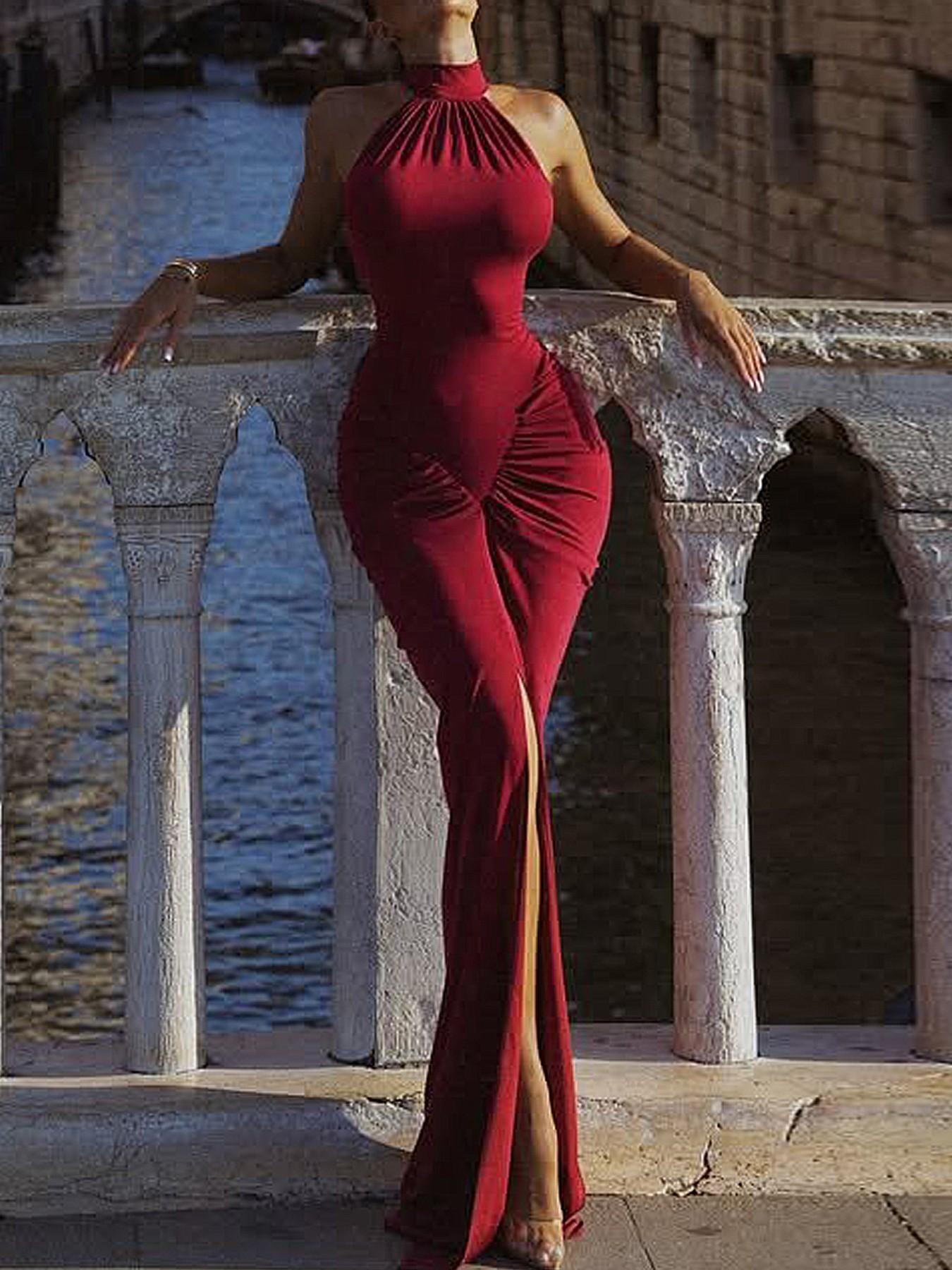 velvet backless bodycon dress Women's Elegant Statement Dress, High Slit Cut, Medium Stretch, Perfect for Formal Parties and Evening Events Iron Low Heat