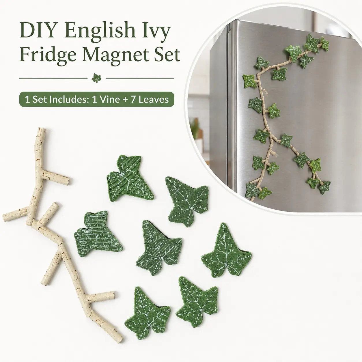 DIY English Ivy Fridge Magnet Set, (Leaves + Vines) - Elastic Plastic Magnetic Clips, 3D Nature Plant Art Hanger, Battery-Free, Decorative Kitchen Refrigerator Magnets for Home Decoration, Refrigerator Decorating Magnet