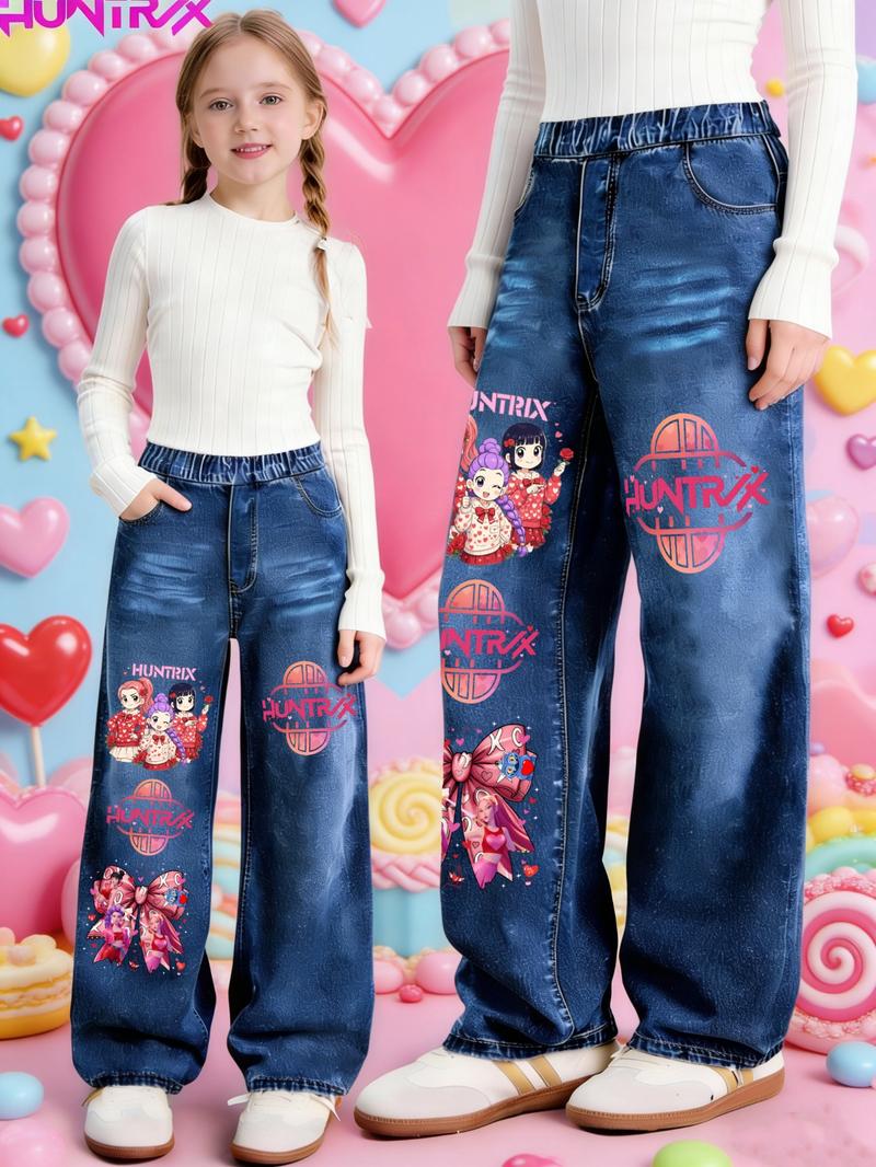 Valentine's Day Kpop Girl Printed Denim Jeans, Casual Fitted Jeans for Girls Ages 7-12, Perfect Valentine's Gift for Kids