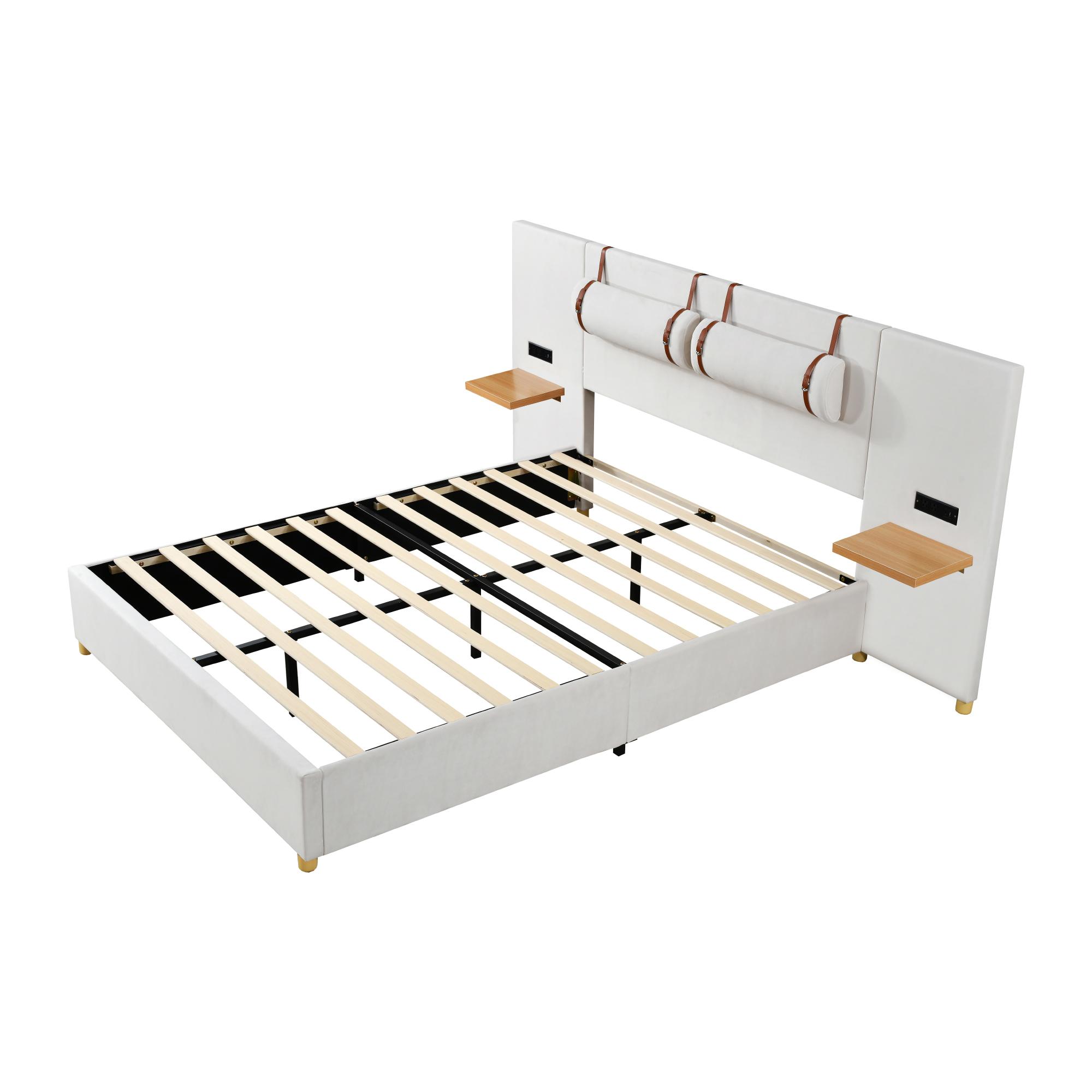 Bellemave Queen Size Upholstered Platform Bed with Two USB Charging Ports & Plush Headboard in Beige Velvet Fabric Includes Bedside Pillows & Storage Shelves