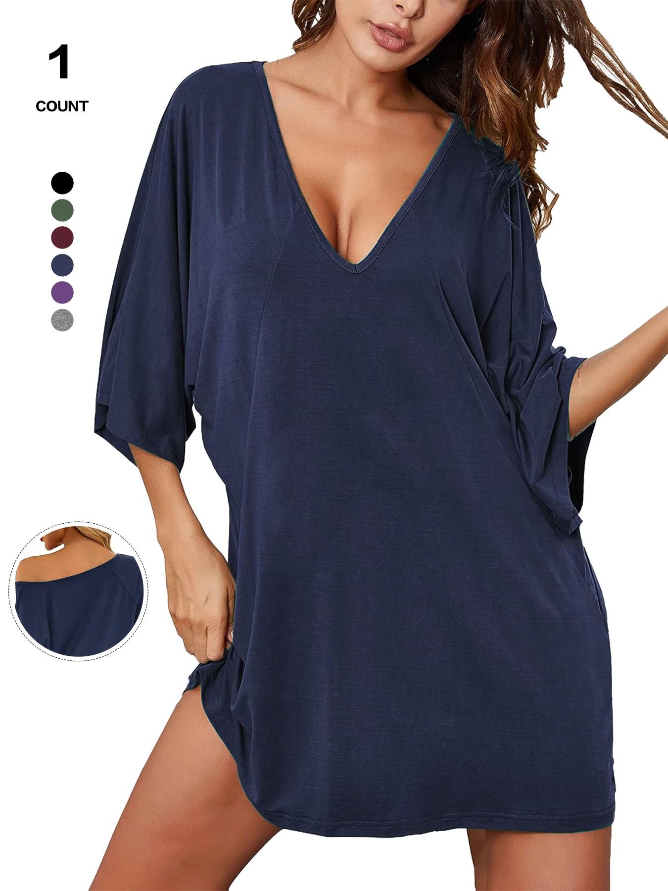 2026 Women's Sleepshirt Deep V Neck Nightgown Batwing Nightshirt Oversized Sleepwear