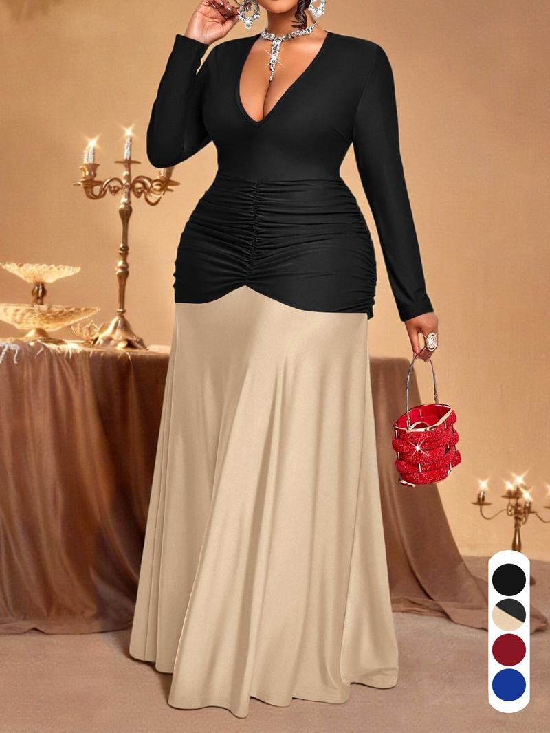 Plus Size Elegant Slim-Fitting Long Sleeve Maxi Dress, High Waist Ruched Bodycon Dress for All Seasons, Perfect for Valentine's Day and Special Occasions