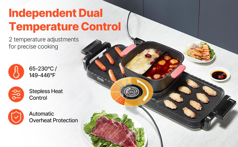 VEVOR Hot Pot with Grill, 2300W 2-in-1 Electric Smokeless Grill and Hot Pot, Removable Shabu-shabu Hotpot with Non-stick Pan, Separate Dual Temperature Control, Indoor Korean BBQ for 1-6 People