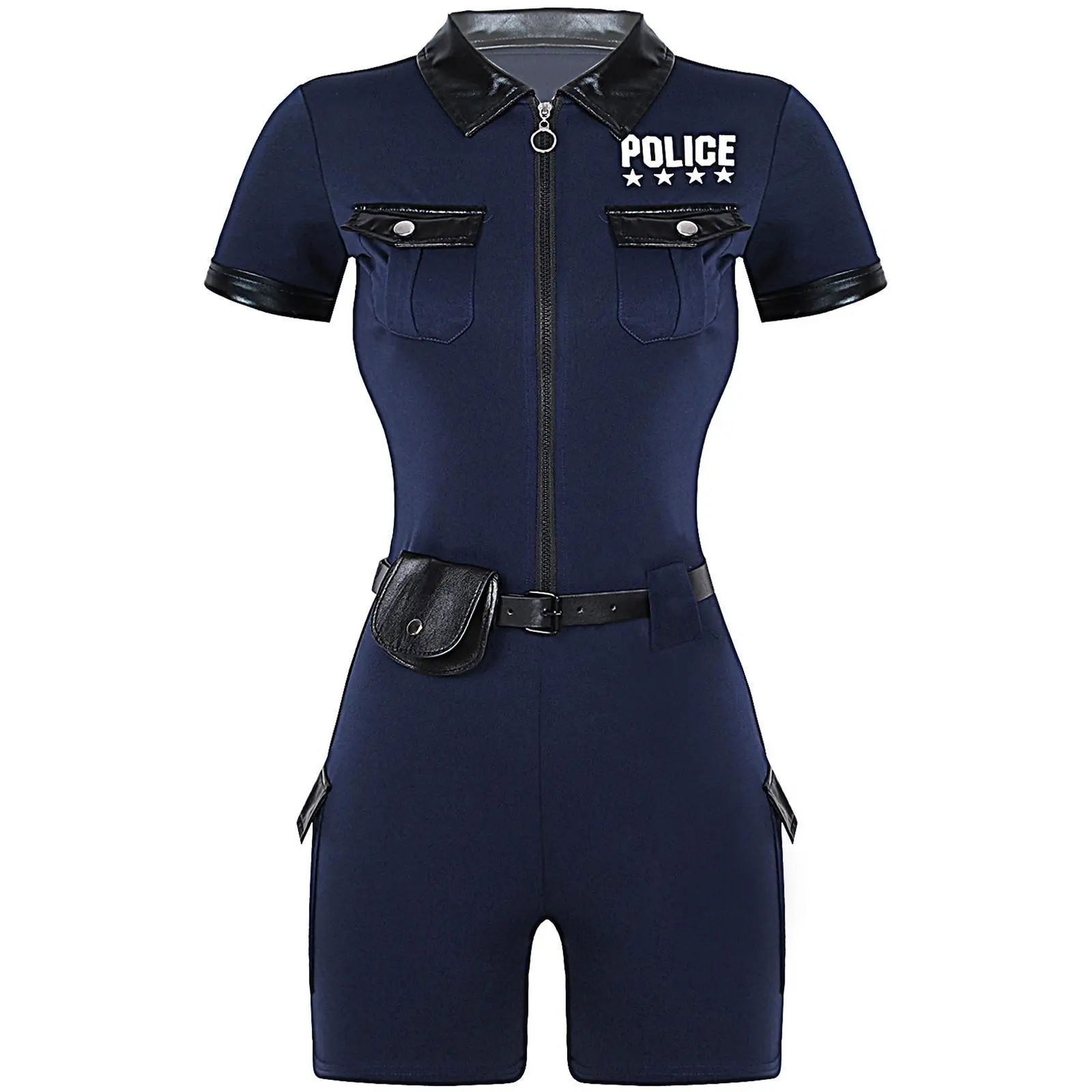 Women Dirty Cop Policewoman Cosplay Costume Zipper Short Sleeve Jumpsuit with Belt Purse Police Uniform Halloween Role Play Wear