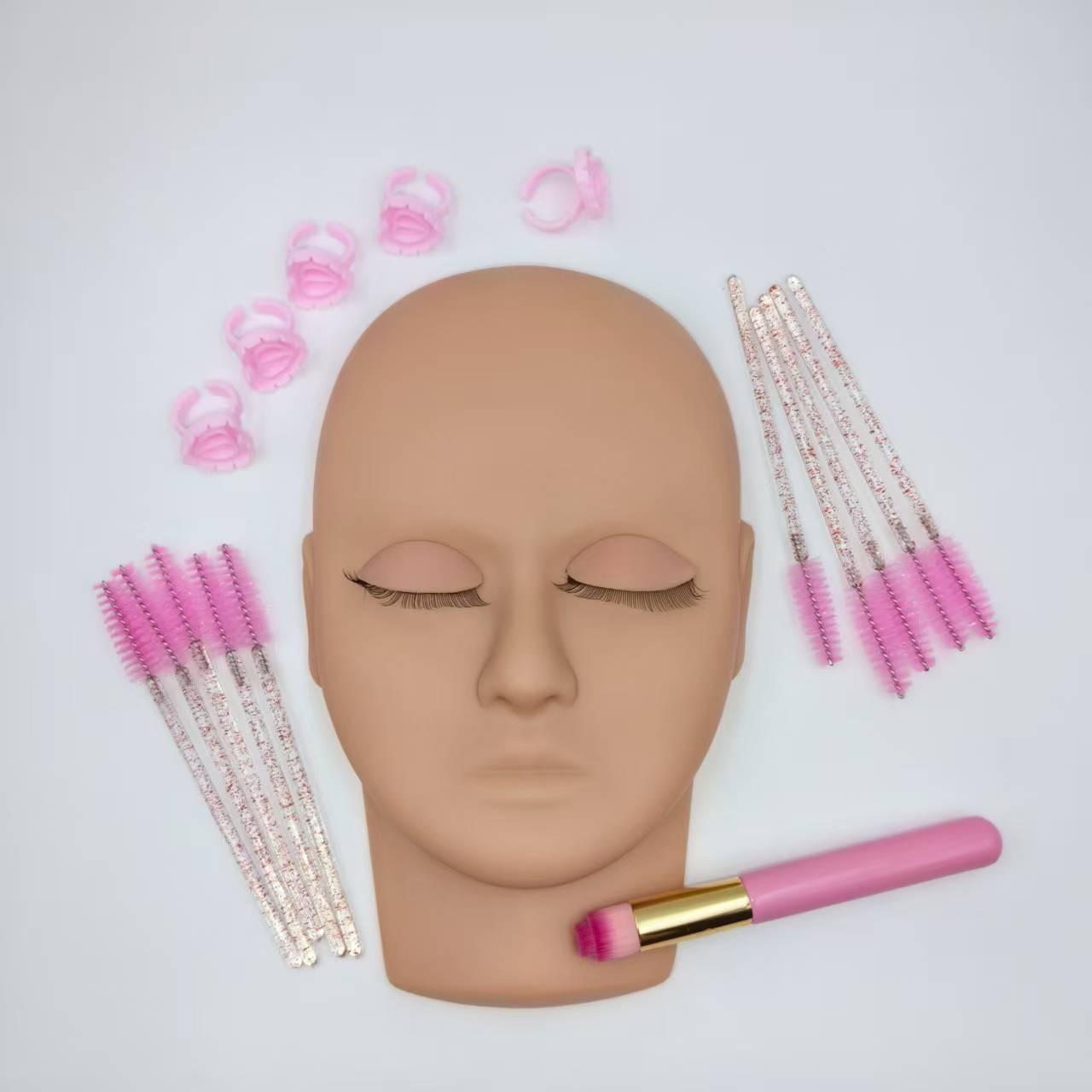 Portable False Eyelash Practice Head Model Kit, Detachable Eye Module, Small Portable Lashes Practice Model, 10 Brushes, 5 Glue Rings, Cleaning Brush