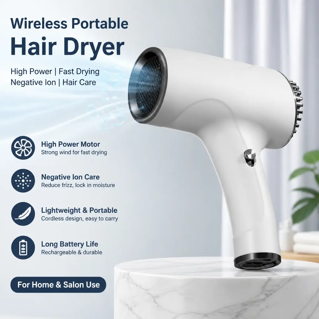 Cordless Portable Hair Dryer, Rechargeable Wireless Blow Dryer Negative‑Ion Hair Care Fast Drying for Home Travel,Pre-lit