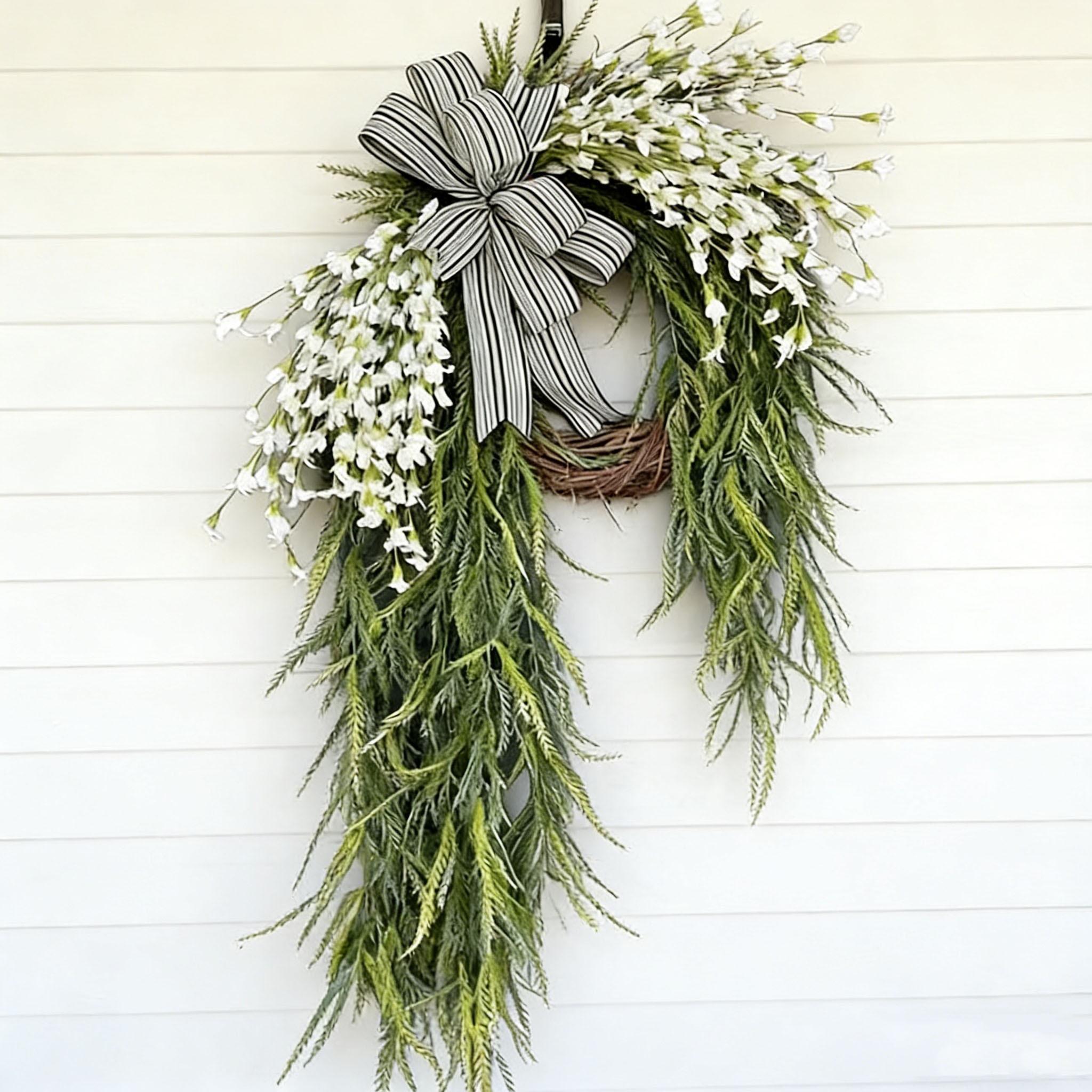 Spring Summer Front Door Decorative Wreath, Realistic Bell Flower Drip Tear Drop Door Knocker, Striped Bow, Plant Woven Wreath