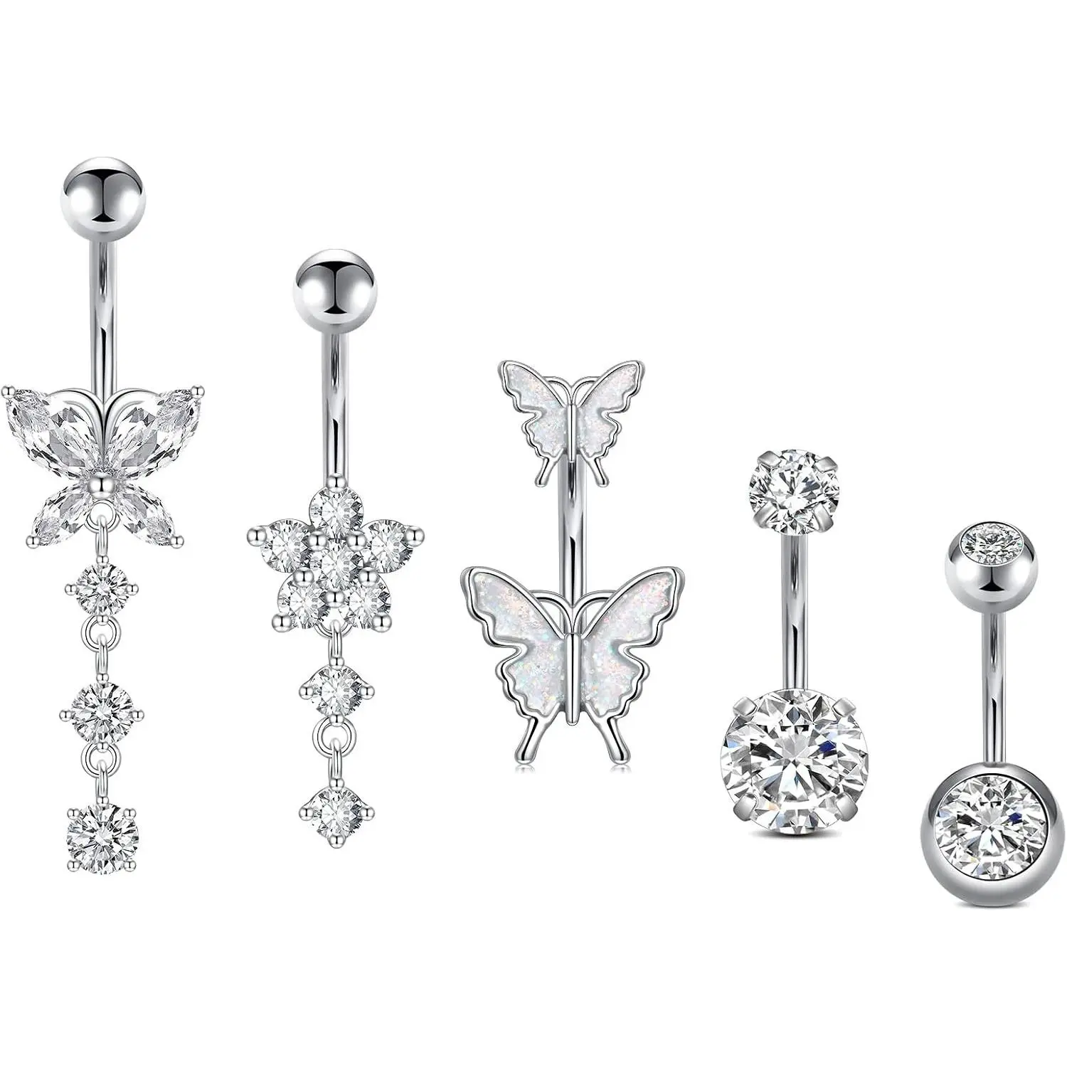 14G Stainless Steel Diamond Belly Button Rings for Women, Butterfly Dangle Navel Piercings with 6mm Short & 10mm Bar(Gift)