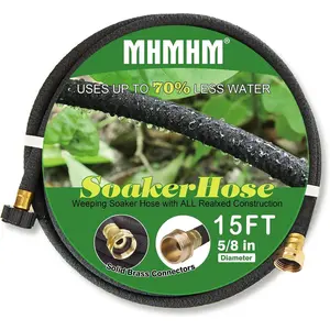 5/8" Soaker Hose for Garden Drip Hose Irrigation System with Solid Brass Fitting for Lawns Flower Beds & Vegetable Gardens (15FT)