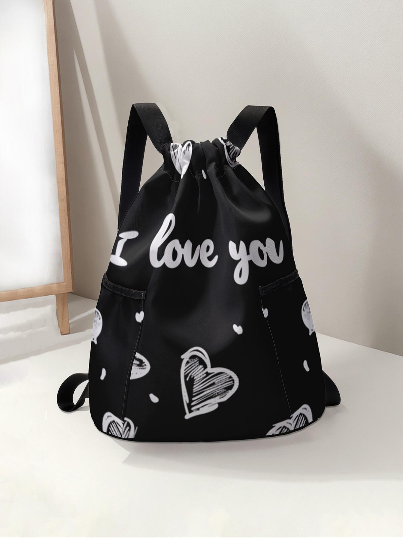 Heart Pattern Drawstring Backpack, Large Capacity Durable Gym Bag, Adjustable Shoulder Straps, Casual Travel Hiking Camping Bag, Workout Sport Bags, Sport Yoga Bag