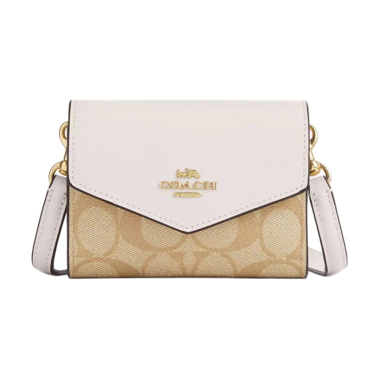 Coach Envelope 12 Mini Wallet for Women – Classic Monogram Canvas and Leather in Gold and Light Khaki Chalk