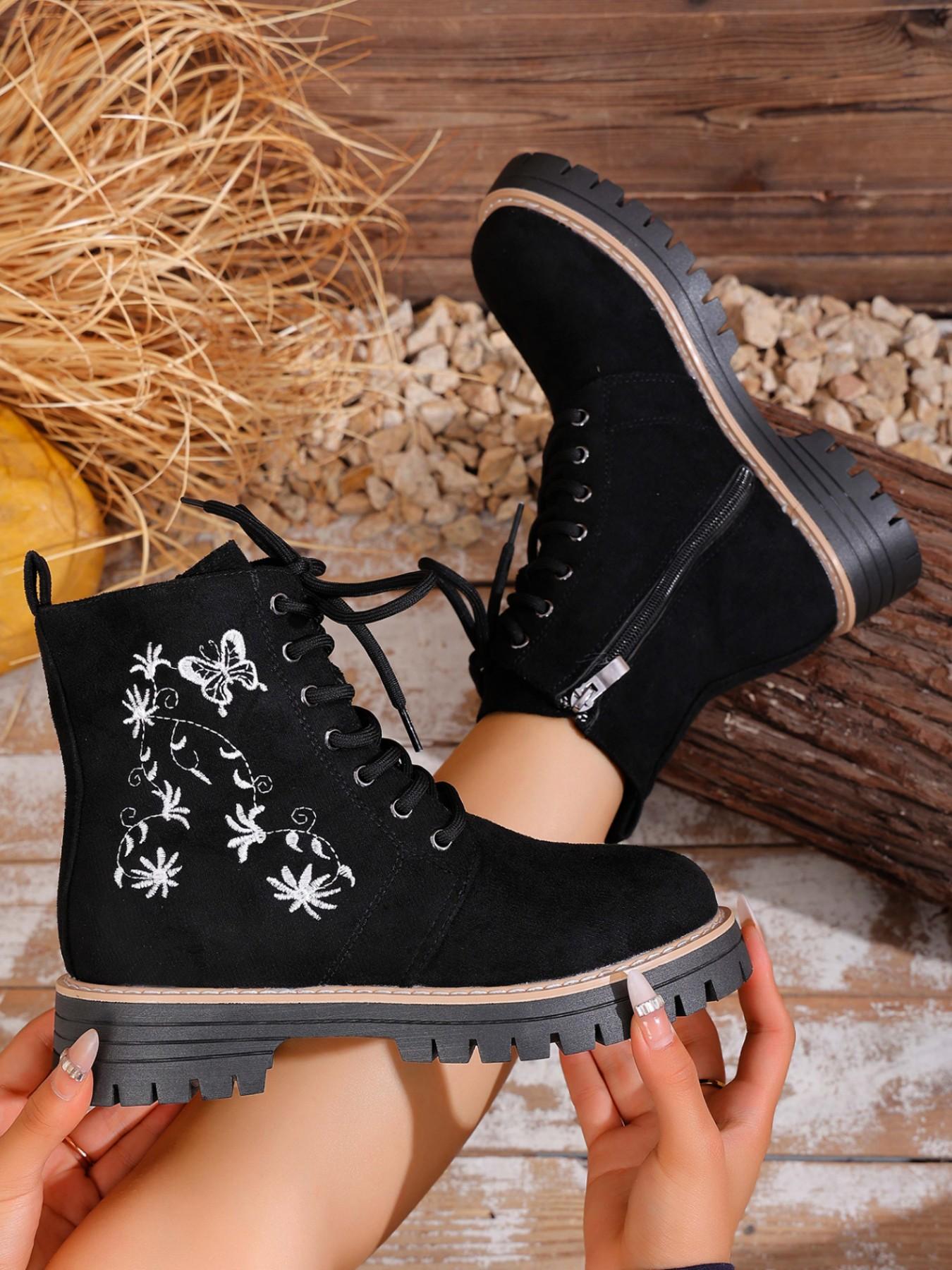 Autumn Winter New Retro Ethnic Butterfly Floral Embroidery Boots, Velvet Laces Thick Sole Work Short Boots, Casual Comfortable Western Boots