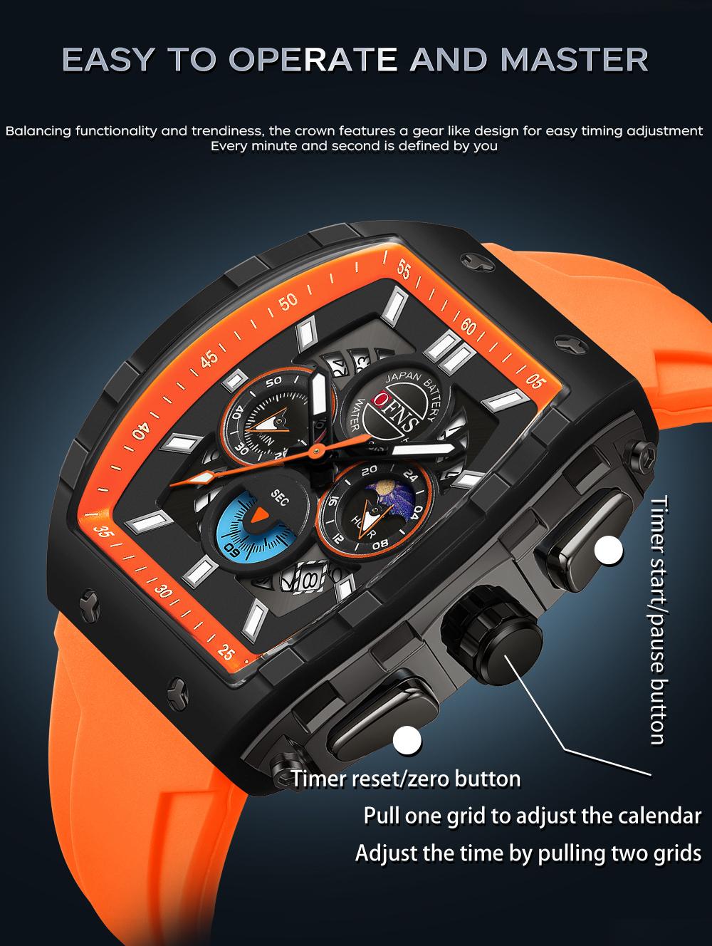 OFNS Quartz Watches for Men Luminous Analog Watch Waterproof Chronograph Calendar Silicone Strap Outdoor Sports Watch, Multifunctional Watch, for Party, Daily Decor & Gift with Box detail 8