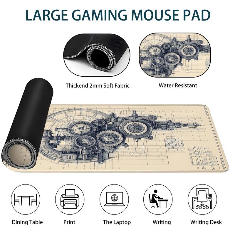 [Mouse Desk Pad] Non-Slip Mouse Pad Large Gaming Mouse Pad With Rubber Base & Stitched Edge Steampunk Gears Vintage Blueprint Design Desk Top Protector Mat For Home Office Use And Holiday Gifts