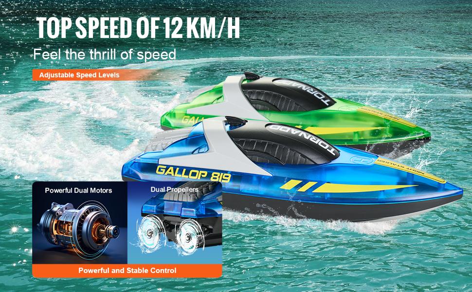 fathersdaygift  VEVOR RC Boat, 2 Pack 2.4GHz 12 km/h, Remote Control Boat for Pools Lakes, Racing Boat with LED Light, 4 Rechargeable Batteries, Whole Body Waterproof, Gift for Adults Boys Girls, Blue Green
