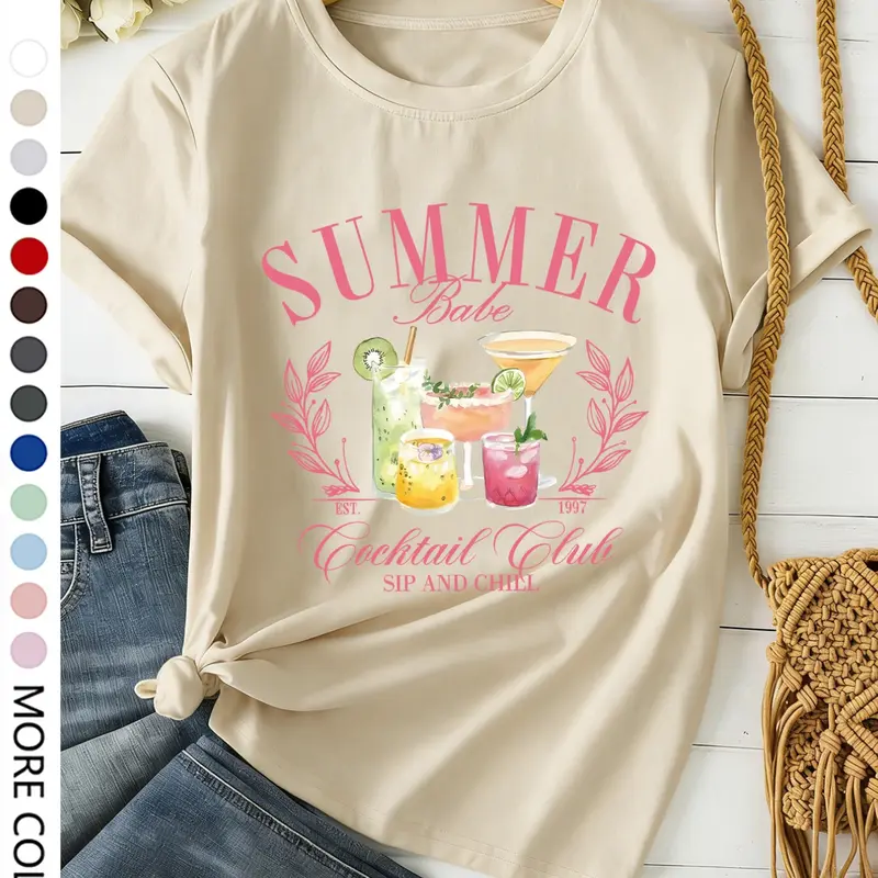 Women's Fruit Cocktail Print Round Neck Tee, Casual Short Sleeve Crew Neck T-shirt for Summer, Fashion Women's Top for Daily Wear