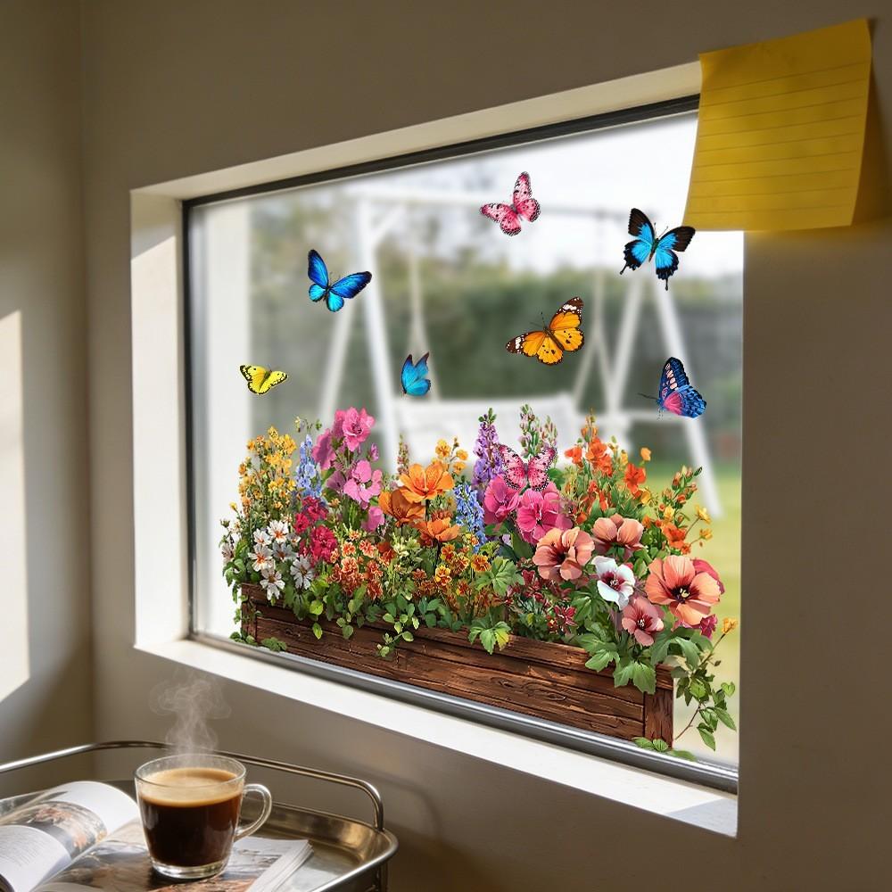 Home Floral Glass Stickers, Butterfly Plant Landscape Static Stickers, Decorative Stickers, Bathroom Bedroom Living Room Window Decor, Reusable Adhesive