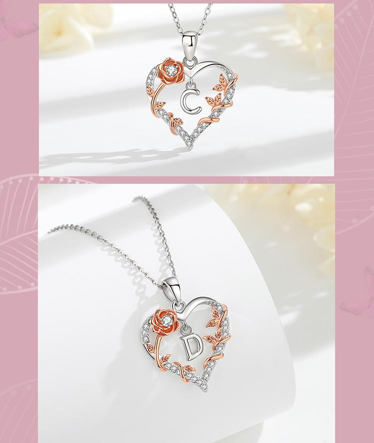 Personalized Letter Heart Necklace, Custom Initial Pendant Charms, Perfect Valentine’s Day Gift for Girlfriends, Moms, RoseGold Flower Jewelry