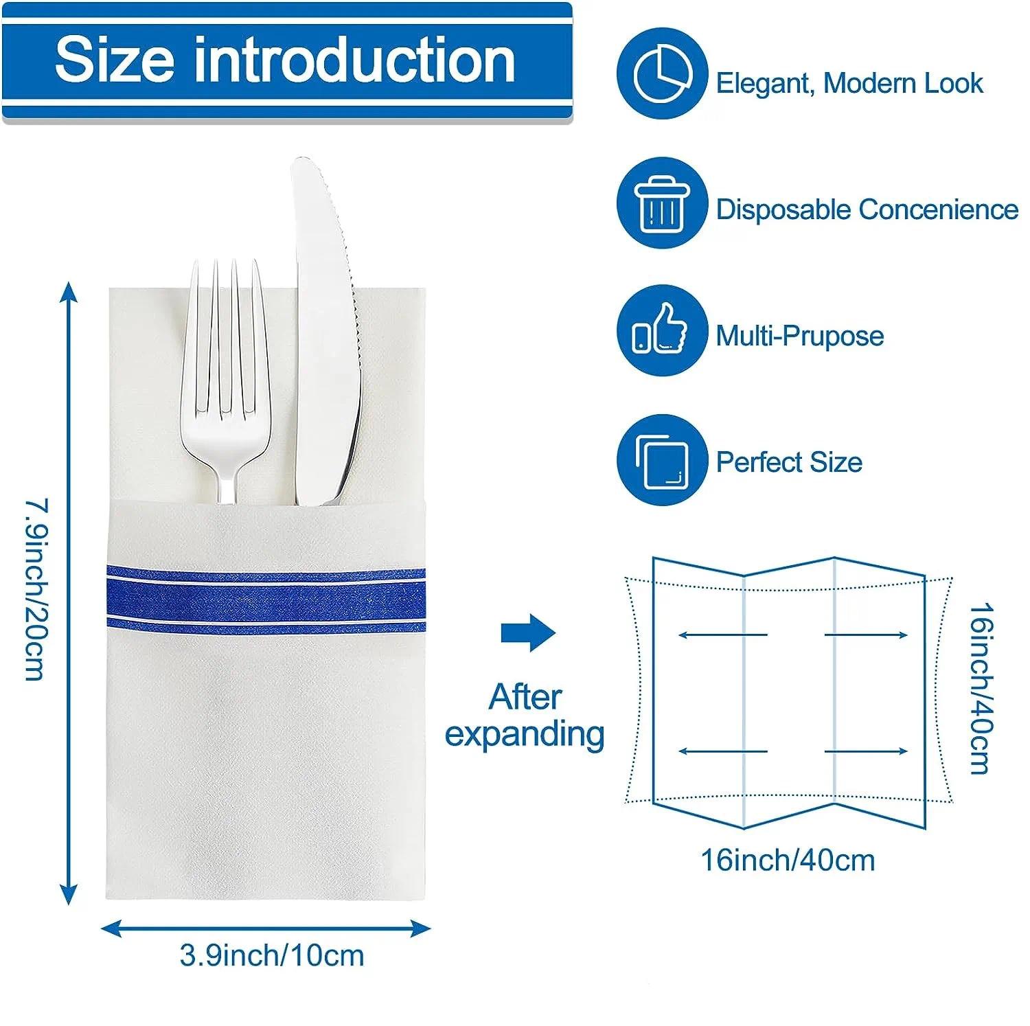 50PCS Gold Line Linen Feel Napkins with Built-in Flatware Pocket, Disposable Guest Pre-folded Paper Towels For Wedding Party