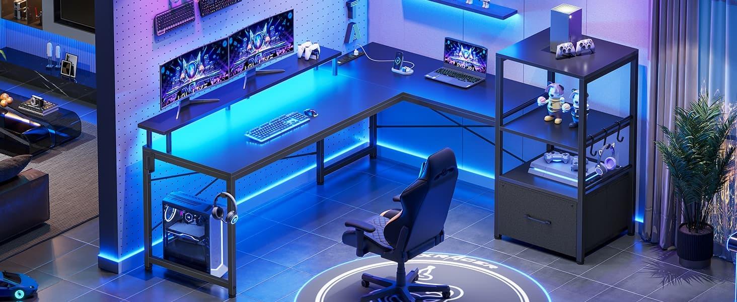 Sikaic 51 Inches Reversible LED Lights L Shaped Gaming Desk With Power Outlets & Fabric File Drawer Monitor Stand And Hooks Computer Modern