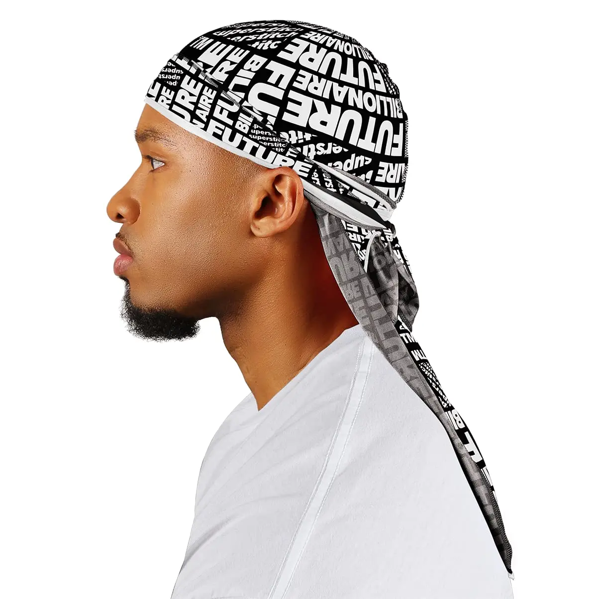 Premium Designer Durag for Men, Superstitch Silk-Like Headwrap, 30+ Styles, 360° Design, Black & White Future Billionaire (Zodiac) x Builder