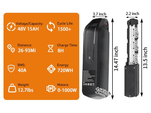 48V 15.6AH Ebike Battery, 4pin Suitable for 1500W motors with 2A Fast Charger and 40A BMS, USB Interface, Battery Indicator, Power Switch, Adult Electric Bike