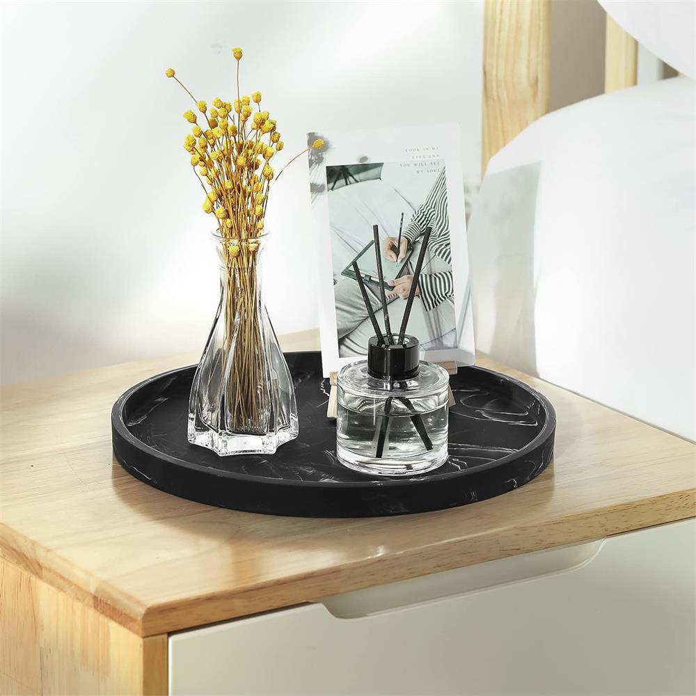 Silicone Round Bathroom Tray, 1 Count Solid Color Or Marble Pattern Makeup Tray, Kitchen Countertop Storage Rack, Home Organizer for Candle, Perfume, Bathroom Decor Supplies