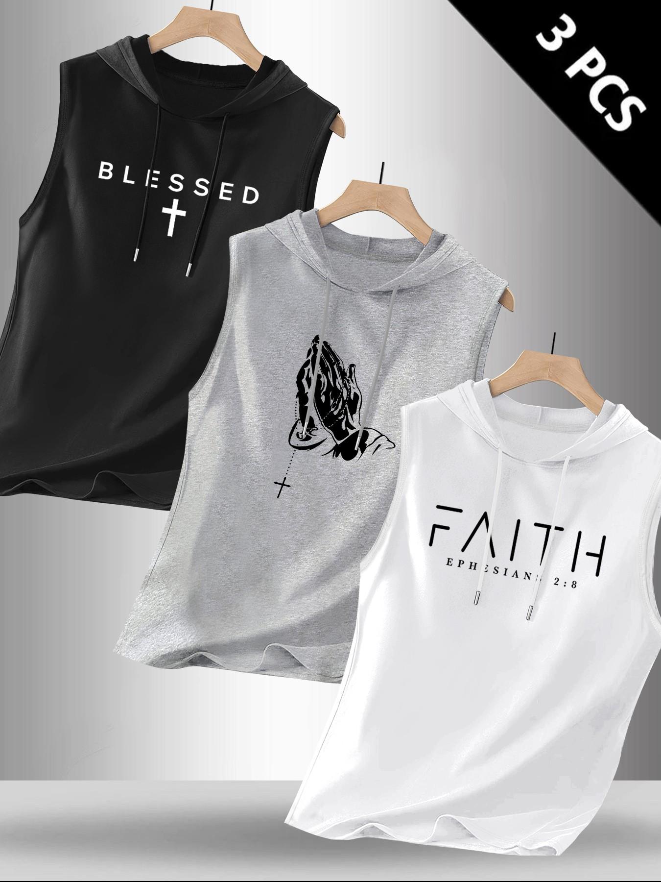 Men's 3-Pack Christian Faith Sleeveless Hooded Tank Tops, Blessed Cross Praying Hands Print Workout Vests, Religious Streetwear #ChristianApparel #FaithWear #MensGymWear #SleevelessHoodie #TikTokMadeMeBuyIt