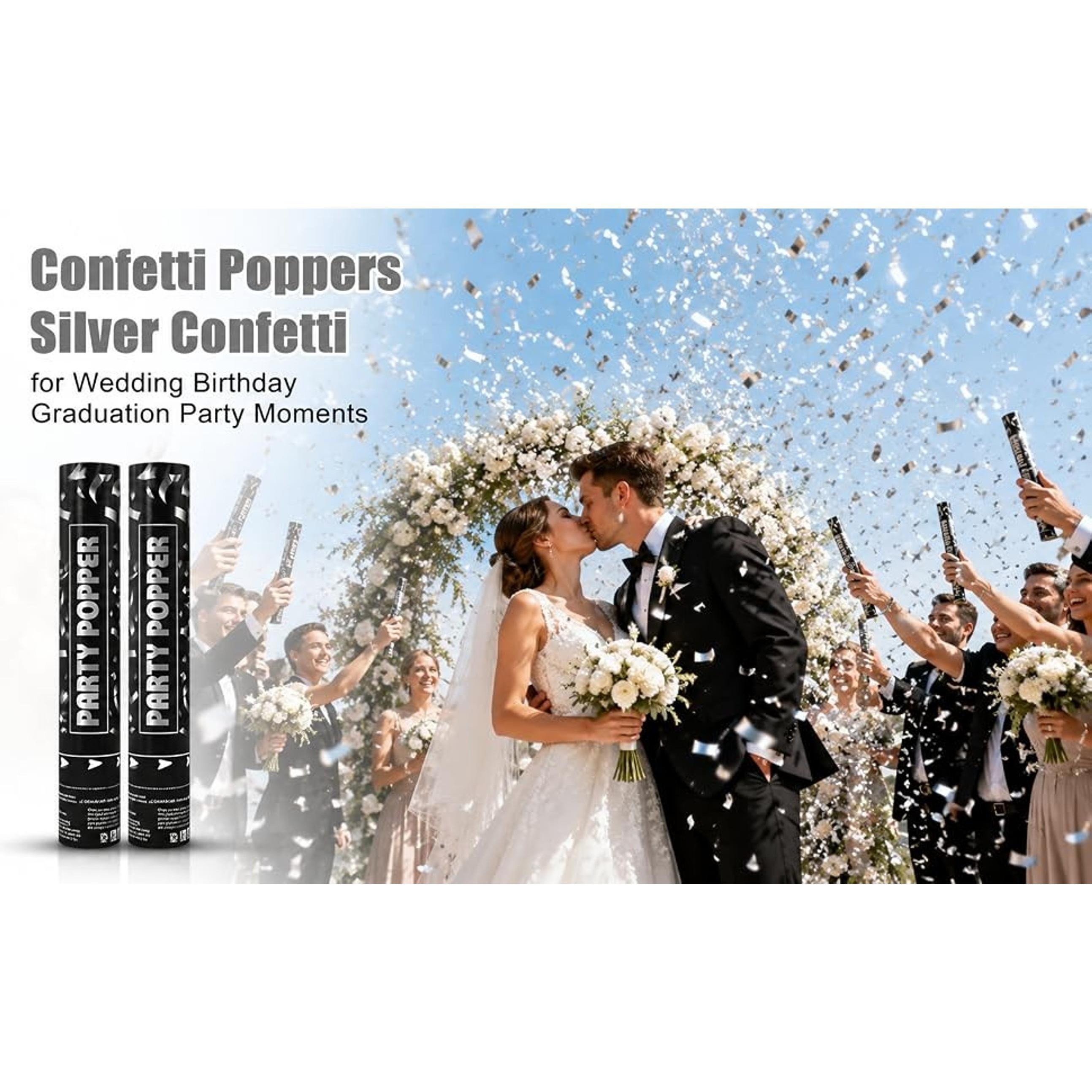 Silver Confetti Poppers 12 Inch Party Cannon 2 Pack Foil Confetti for Wedding Birthday Graduation New Year’s Eve Decorations & Photo Props