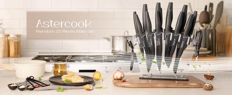 Astercook 22-Piece Knife Set with Block, German Steel, Chef & Steak Knives, Scissors, Sharpener & Peeler – Dishwasher Safe. Kitchen Kitchenware Kitchen Blade Stainless Traditional Wooden