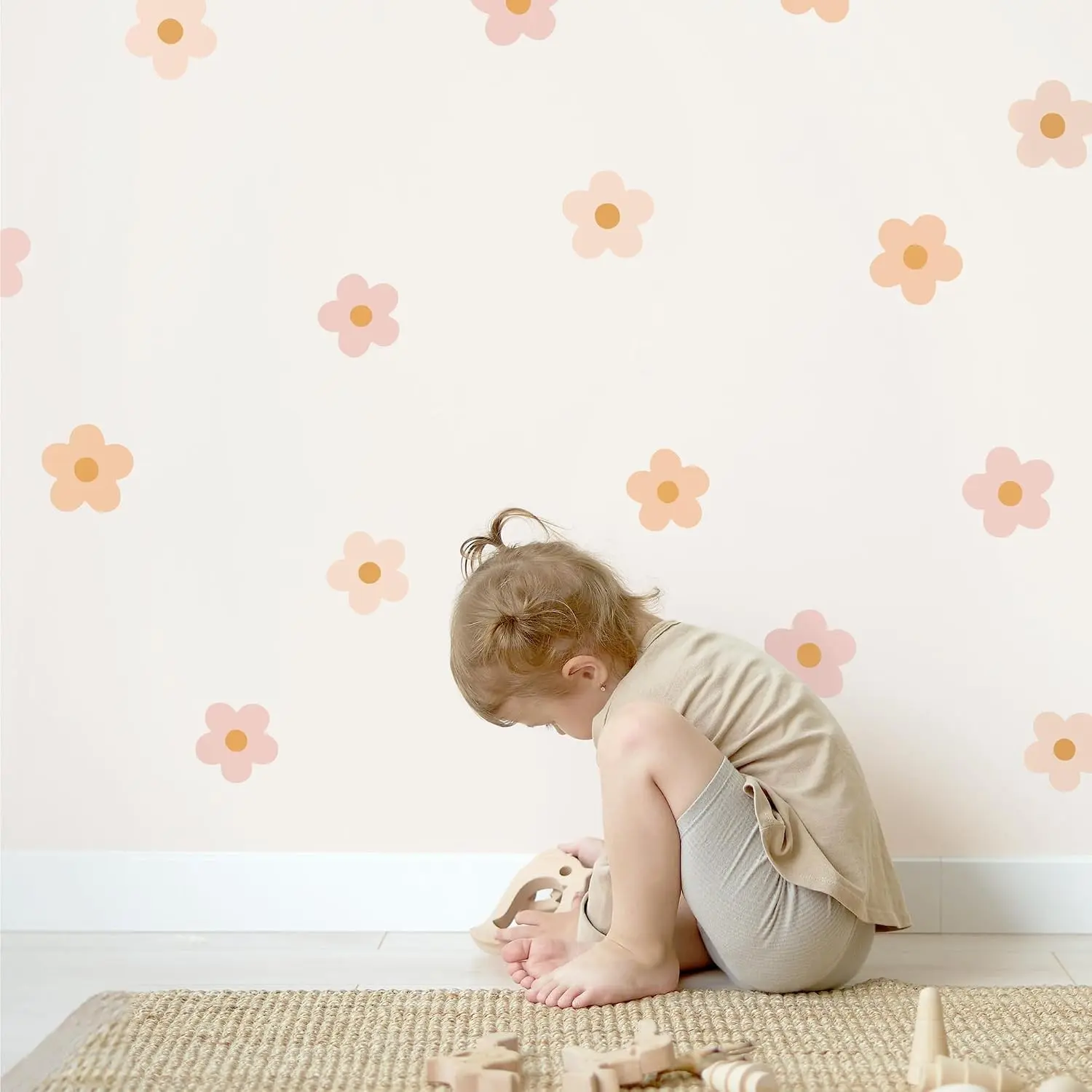 Blush Pink Boho Daisy Flower Wall Decals - Easy Peel-and-Stick Removable Wall Stickers for Toddlers Bedroom, Durable Vibrant Kids Room Decor(Gift)