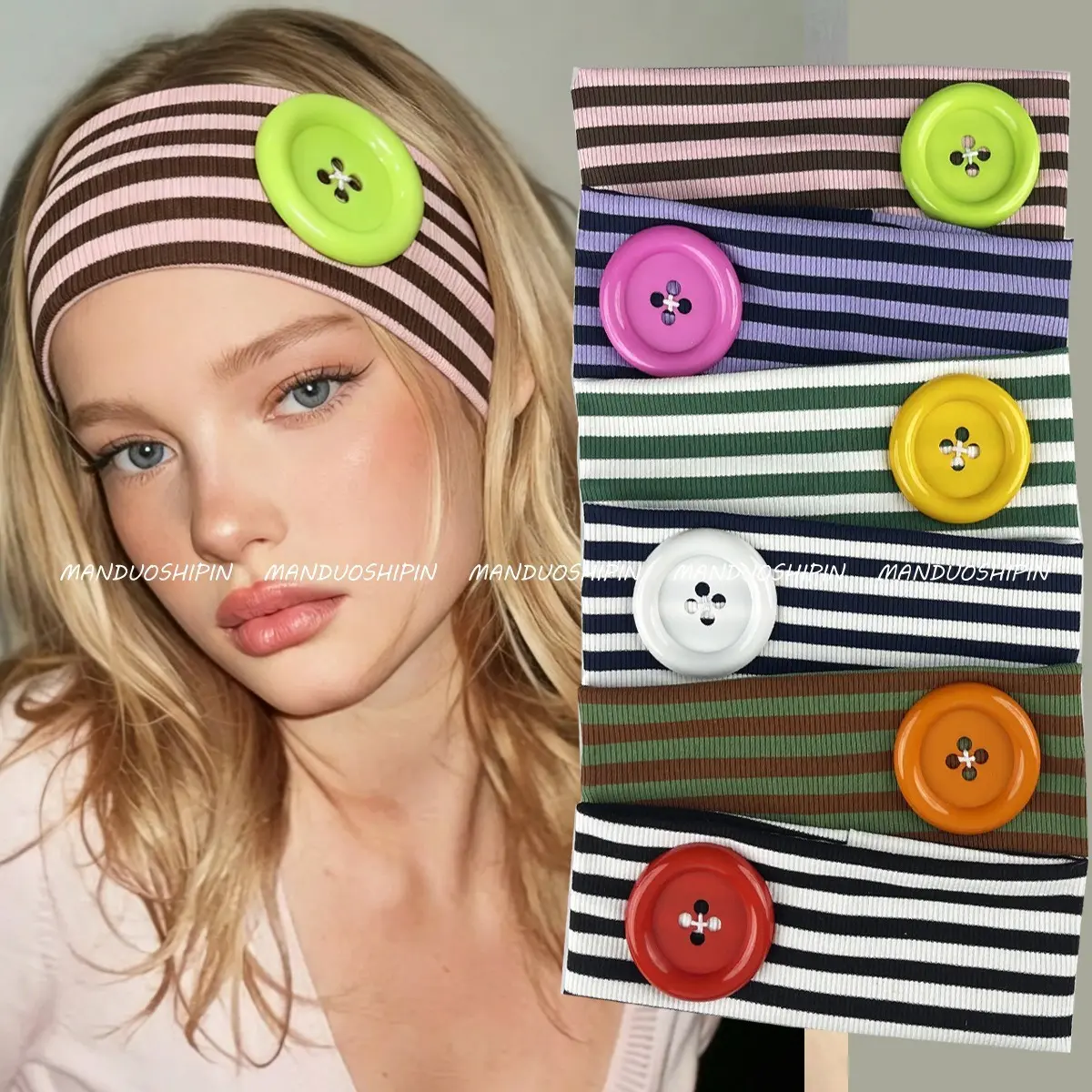 【AUTUMN NEW ARRIVALS】Y2K Colorful Stripe Button Knit Wide Headband Elastic Ribbed Hair Band Retro Dopamine Women Daily Sport Hair Accessories