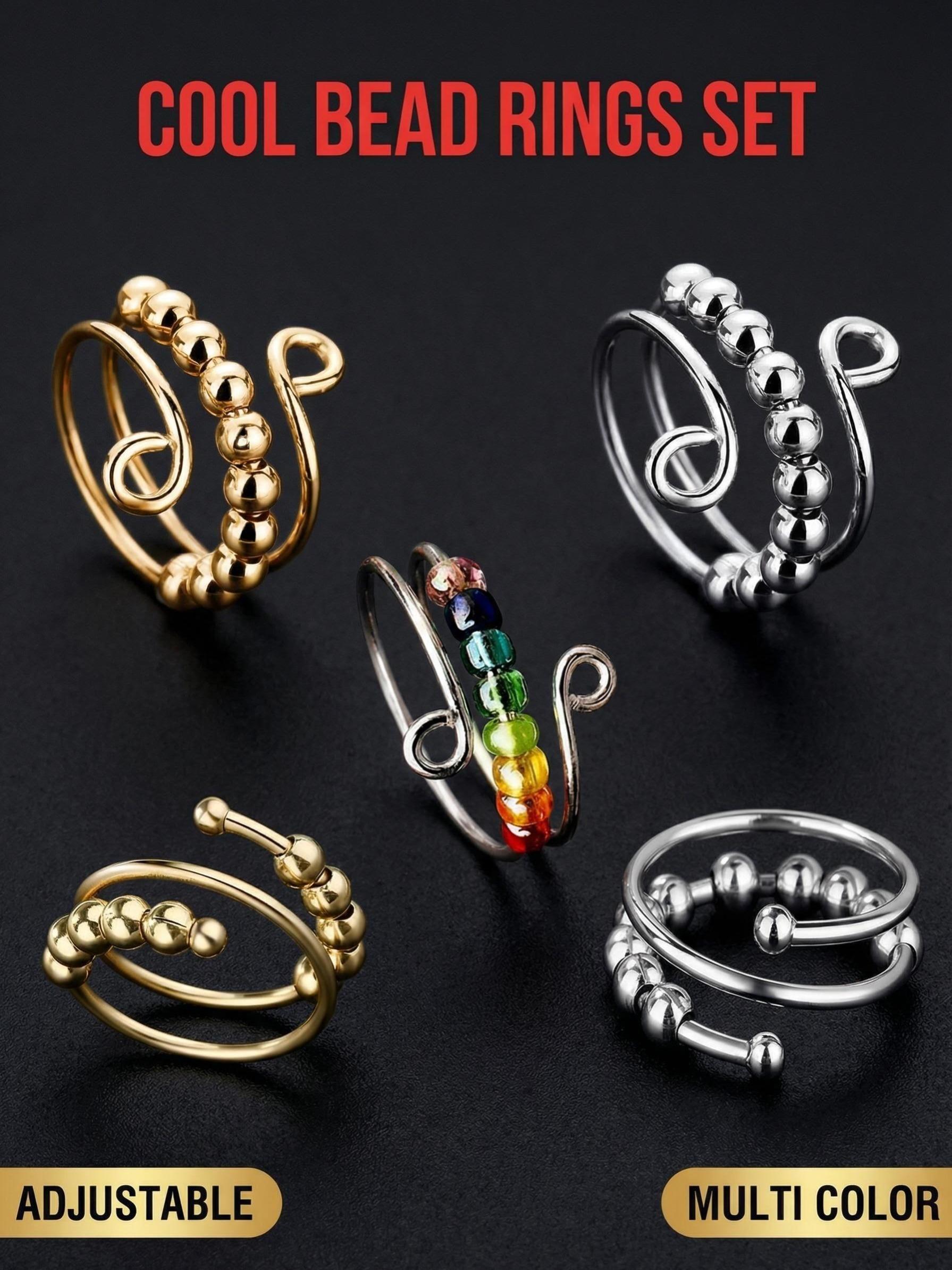Adjustable Spiral Lucky Bead Anxiety Ring, Open-Ended Stress Relief Ring, Unisex Rotating Bead Relaxation Ring, Perfect for Men and Women