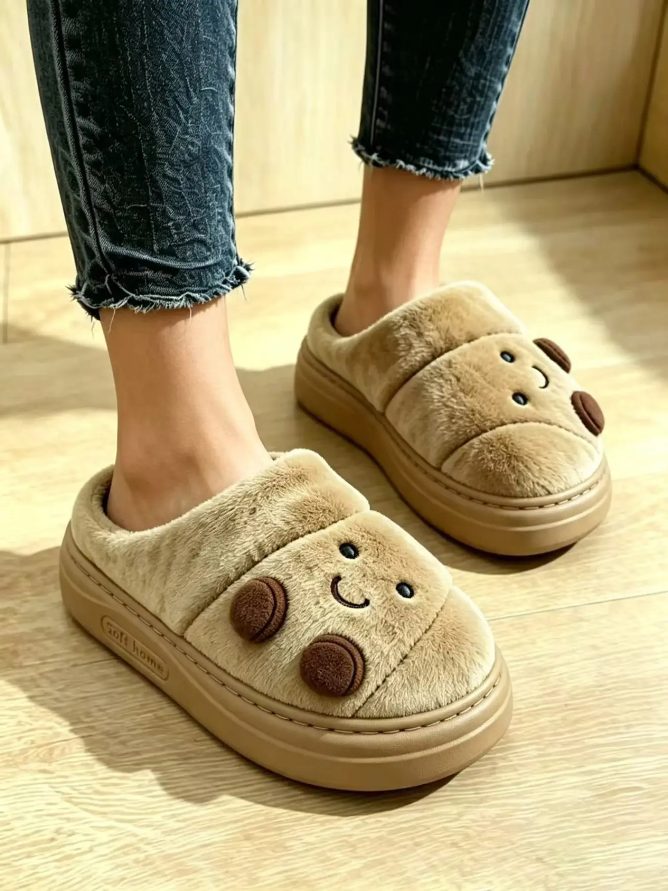 Cute Bear Plush Slippers, Thickened Anti-Slip Soft Sole, Warm Indoor Footwear for Winter, Unisex Cartoon Pattern, Casual Style