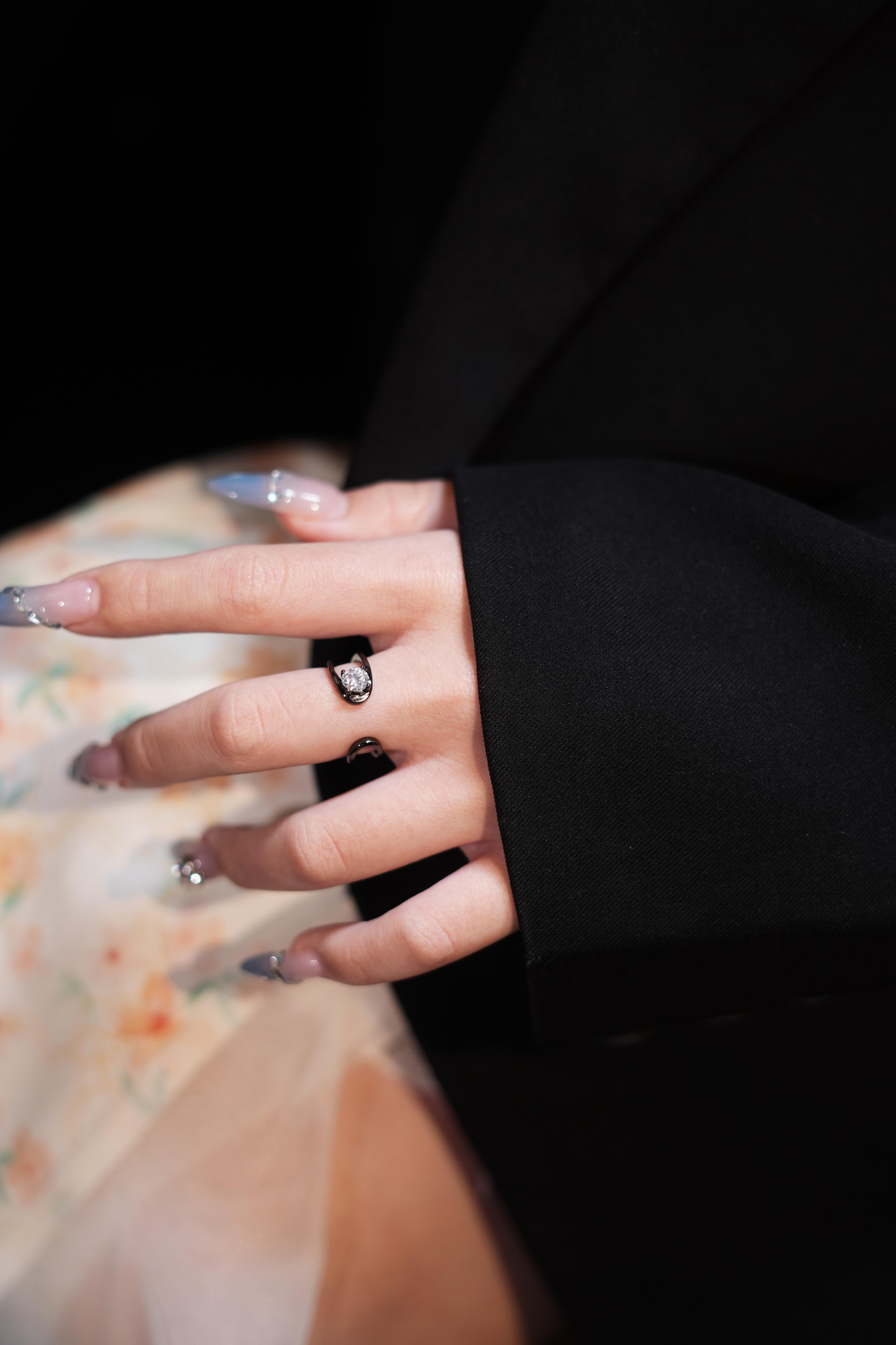 【#384 Dark Glamour】Unique Black Synthetic Moissanite Rings in 925 Sterling Silver 1/2CT
