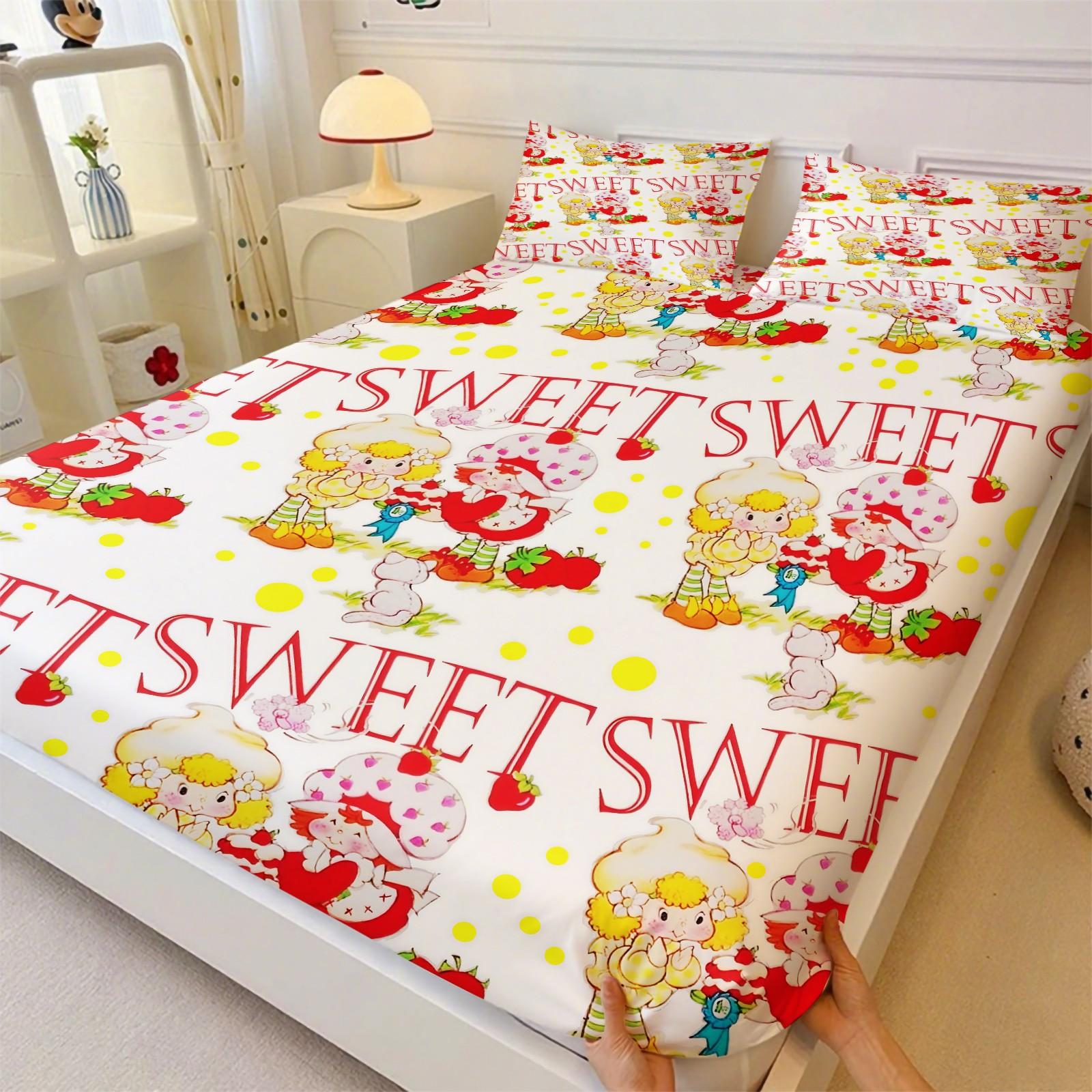 Strawberry Shortcake Sweet Fitted Sheet Set, 1 Fitted Sheet + 2 Pillowcases - 3 Pcs Soft Breathable Bedding with Deep Pocket, 360° All-Round Wrap, Wrinkle Resistant, Cute Cartoon Bed Sheets for Girls Bedroom, Full Size