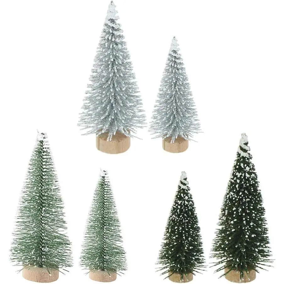 Miniature Christmas Tree 6 count Pine Trees Sisal Trees Snow Frost Ornaments with Wooden Bases for Miniature Scenes, Christmas Crafting and Designing,  Size