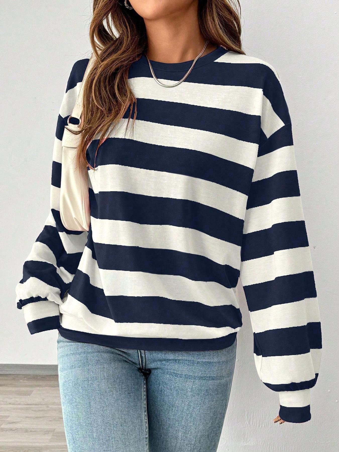 Women's Loose-Fit Striped Round Neck T-Shirt, Casual Soft Comfort Top for Fall & Winter