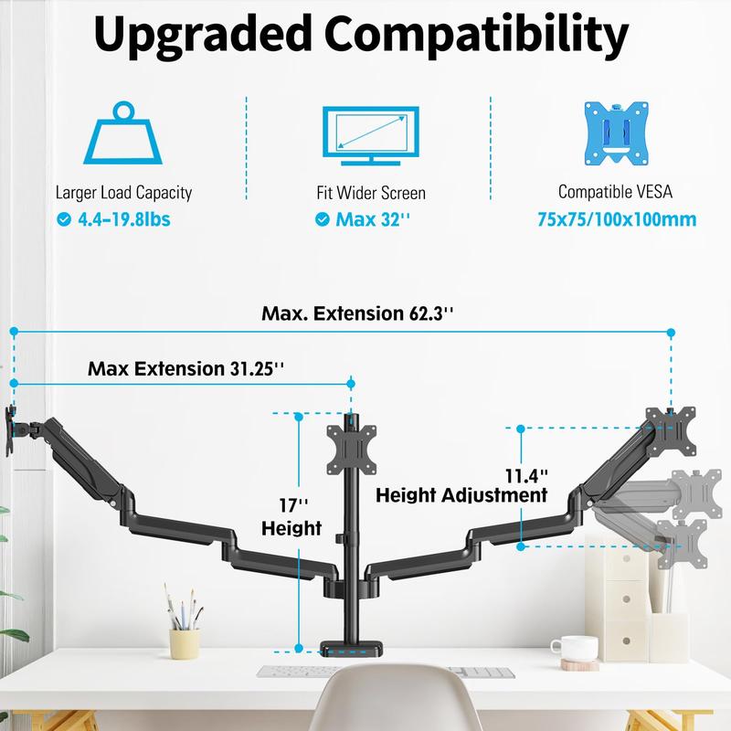 MOUNTUP 17"-32" Triple Monitor Mount, for Max 32'' Computer Screens, Holds 4.4-19.8lbs, VESA Bracket with Clamp/Grommet Base, Black, MU8004