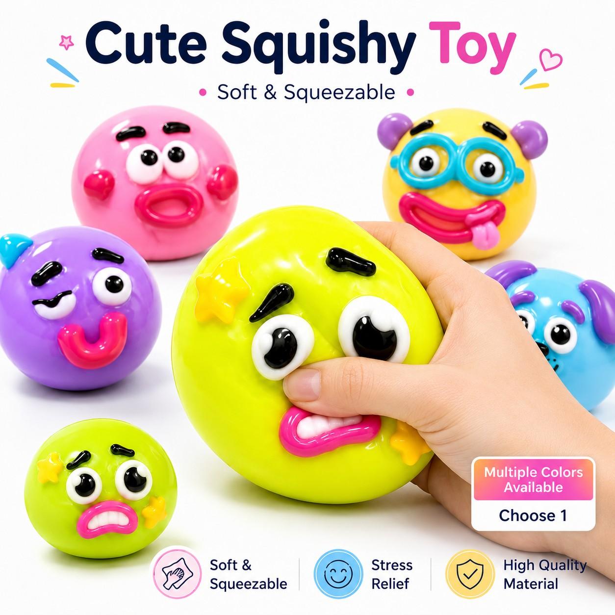 Cute Squishy Stress Relief Toy, Soft Squeeze Sensory Fidget Play Ball, Funny Face Anxiety Relief, Desk Toy Gift for Kids & Adults