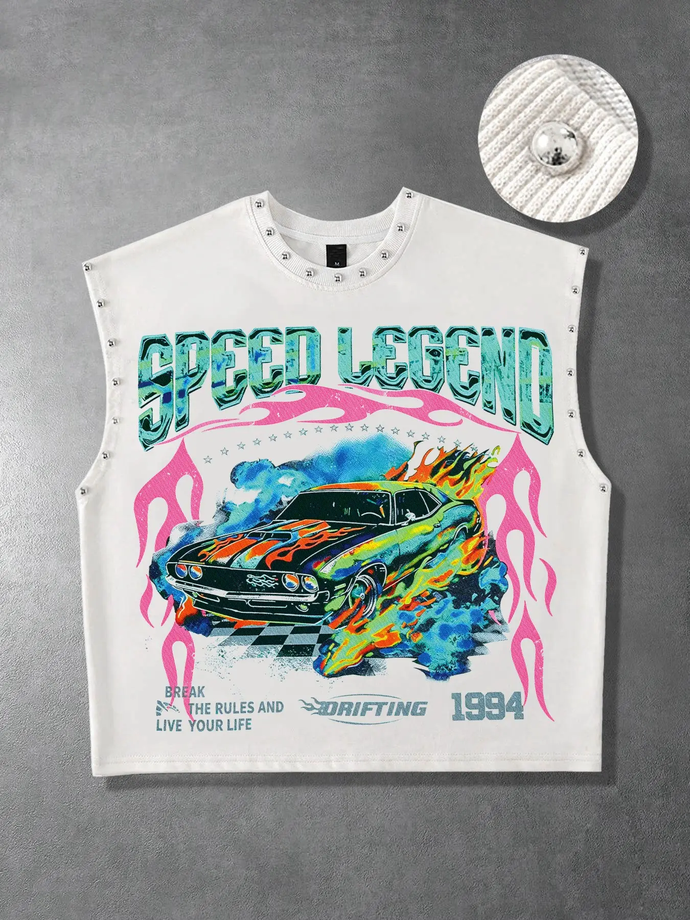 Y2K Speed ​​Legends Racing Print Men's Vest, DRIFTING Racing Checkered Flag Distressed English Print Unisex Vest, Rivet-Decorated Crew Neck Sleeveless Vest for Women's Summer Wear, 2026 Hot Selling Men's Vest.