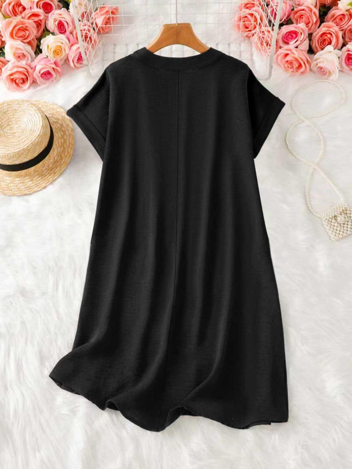 Women's Plain V-Neck Short Sleeve Dress, Casual Drop Shoulder A-Line Midi Skirt, Summer Fashion, Comfortable and Stylish
